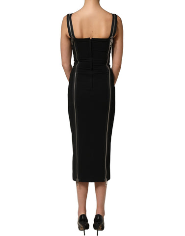 Black Sleeveless Front Zipper Midi Dress
