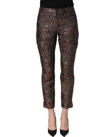 Burgundy Grey Floral Jacquard Straight Pants