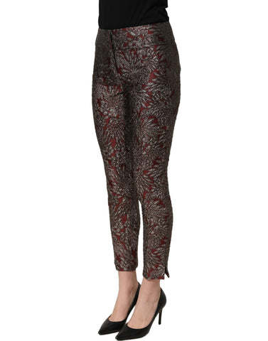 Burgundy Grey Floral Jacquard Straight Pants