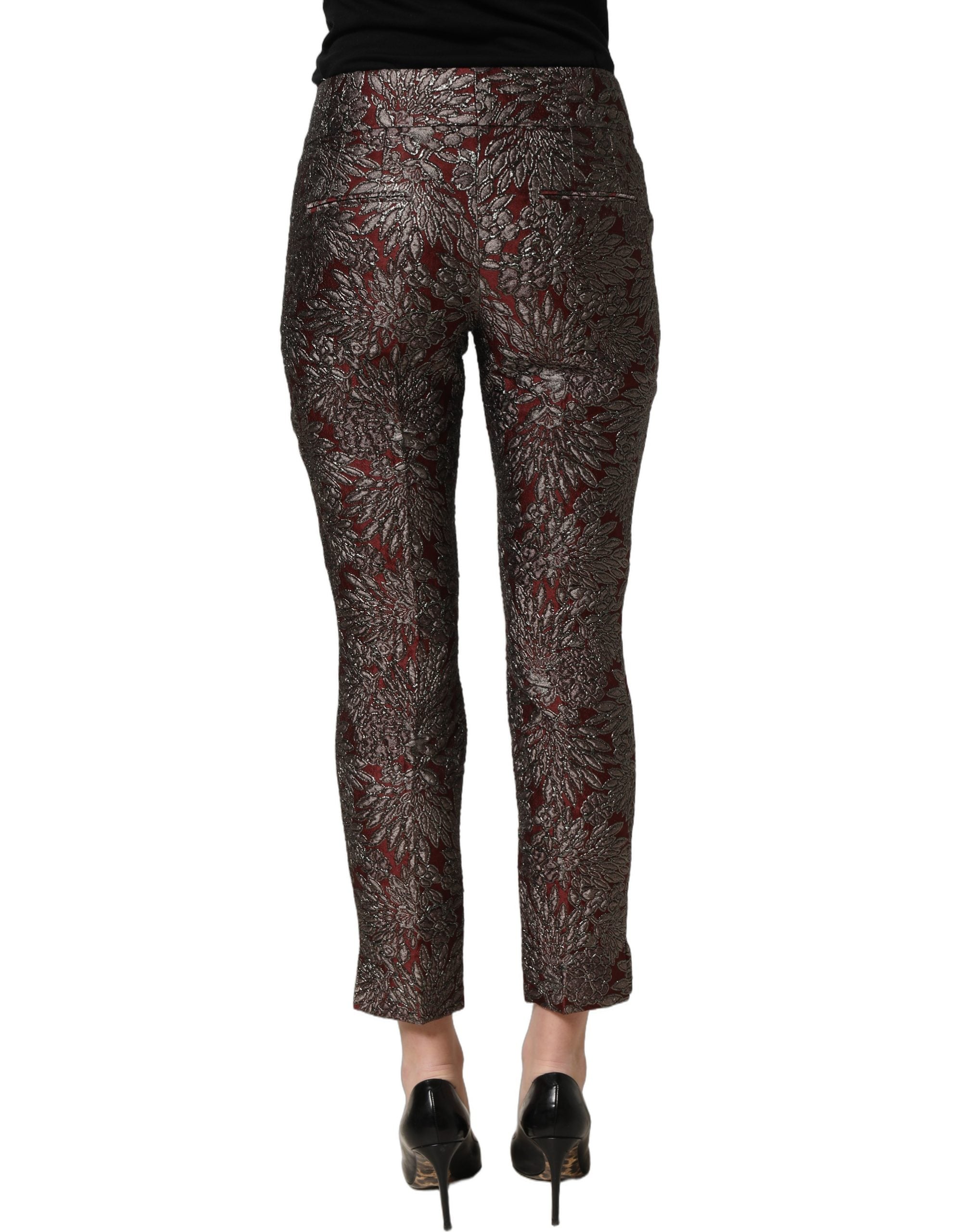 Burgundy Grey Floral Jacquard Straight Pants