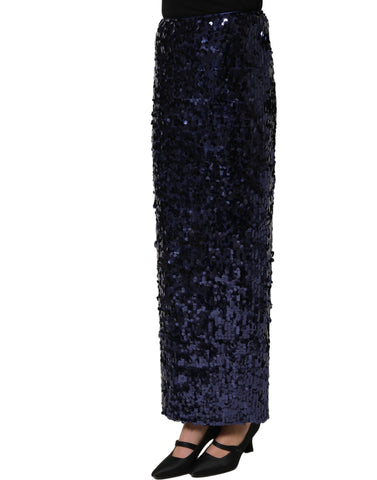 Blue Sequin High Waist PencilCut Midi Skirt