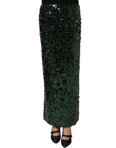 Green Sequin High Waist Pencil Cut Midi Skirt