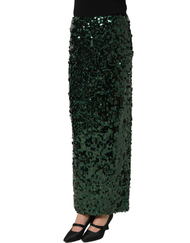 Green Sequin High Waist Pencil Cut Midi Skirt