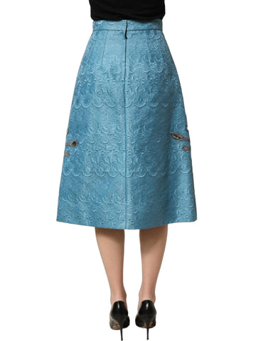 Blue Jacquard Embroidered A-line Midi Skirt