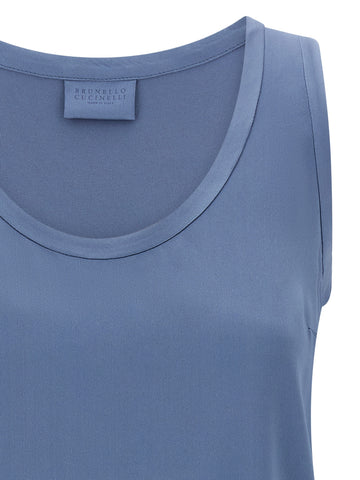 Blue Silk Sleeveles T-Shirt