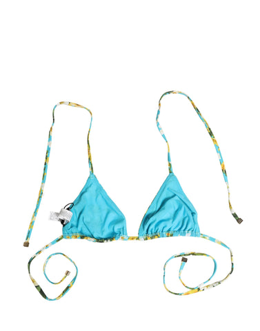 Blue Floral Print Nylon Halter Bikini Top Swimwear