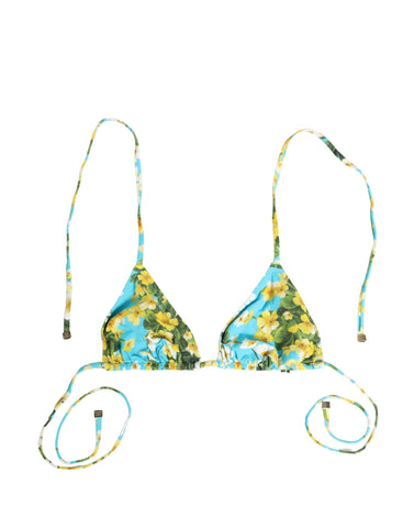 Blue Floral Print Nylon Halter Bikini Top Swimwear