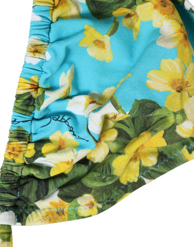 Blue Floral Print Nylon Halter Bikini Top Swimwear