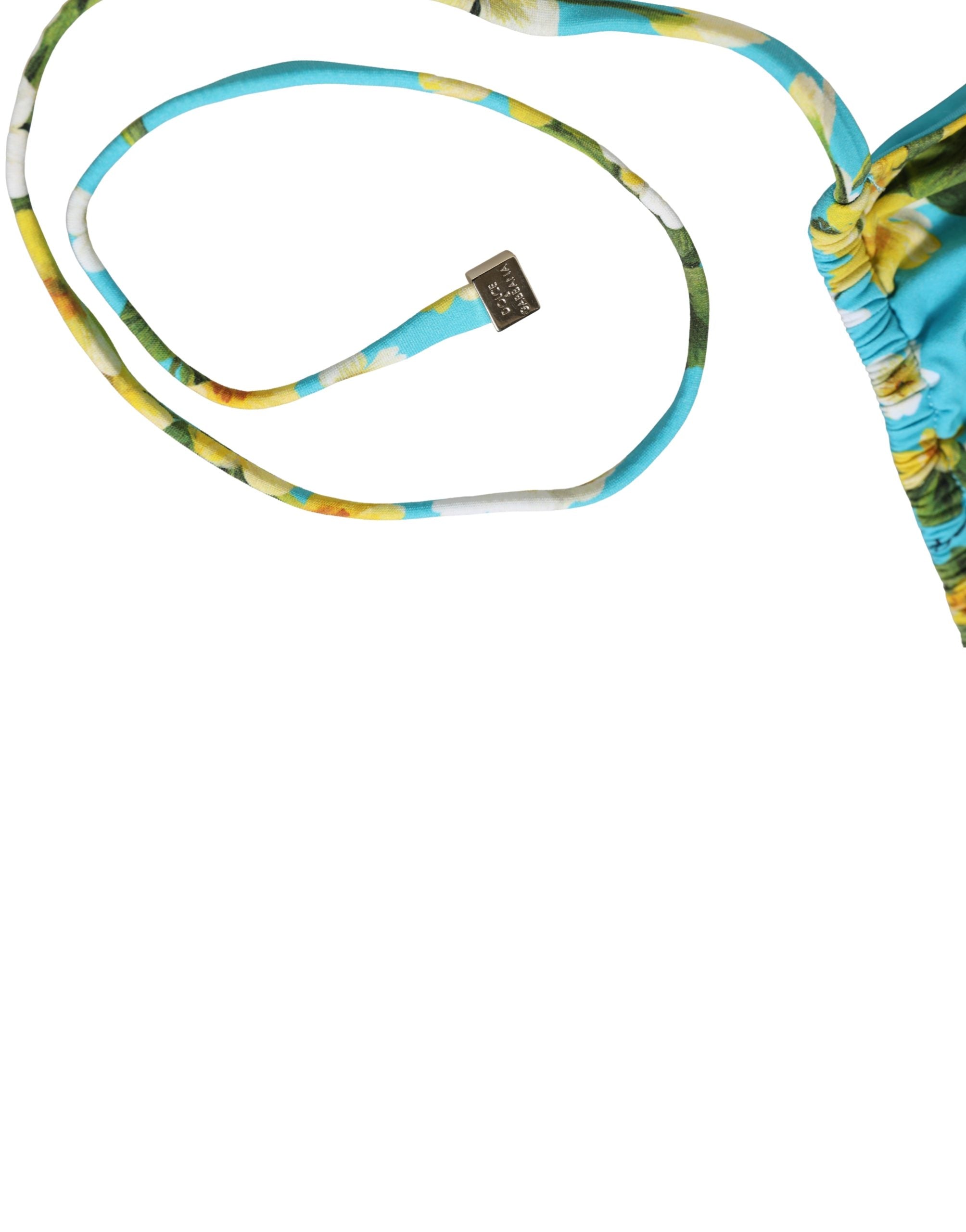 Blue Floral Print Nylon Halter Bikini Top Swimwear