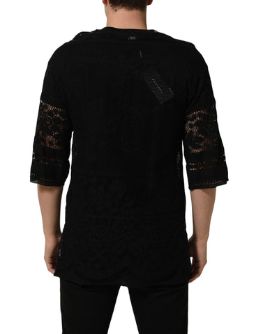 Black Cotton Floral Lace Crew Neck T-shirt