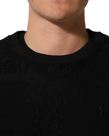 Black Cotton Floral Lace Crew Neck T-shirt