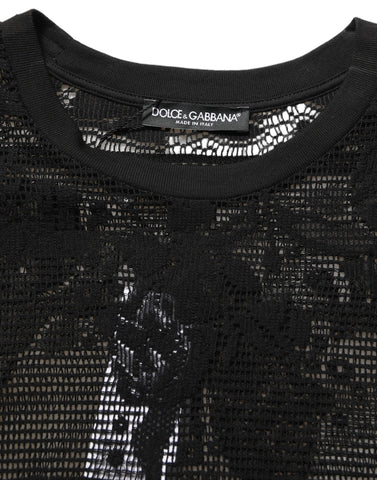 Black Cotton Floral Lace Crew Neck T-shirt