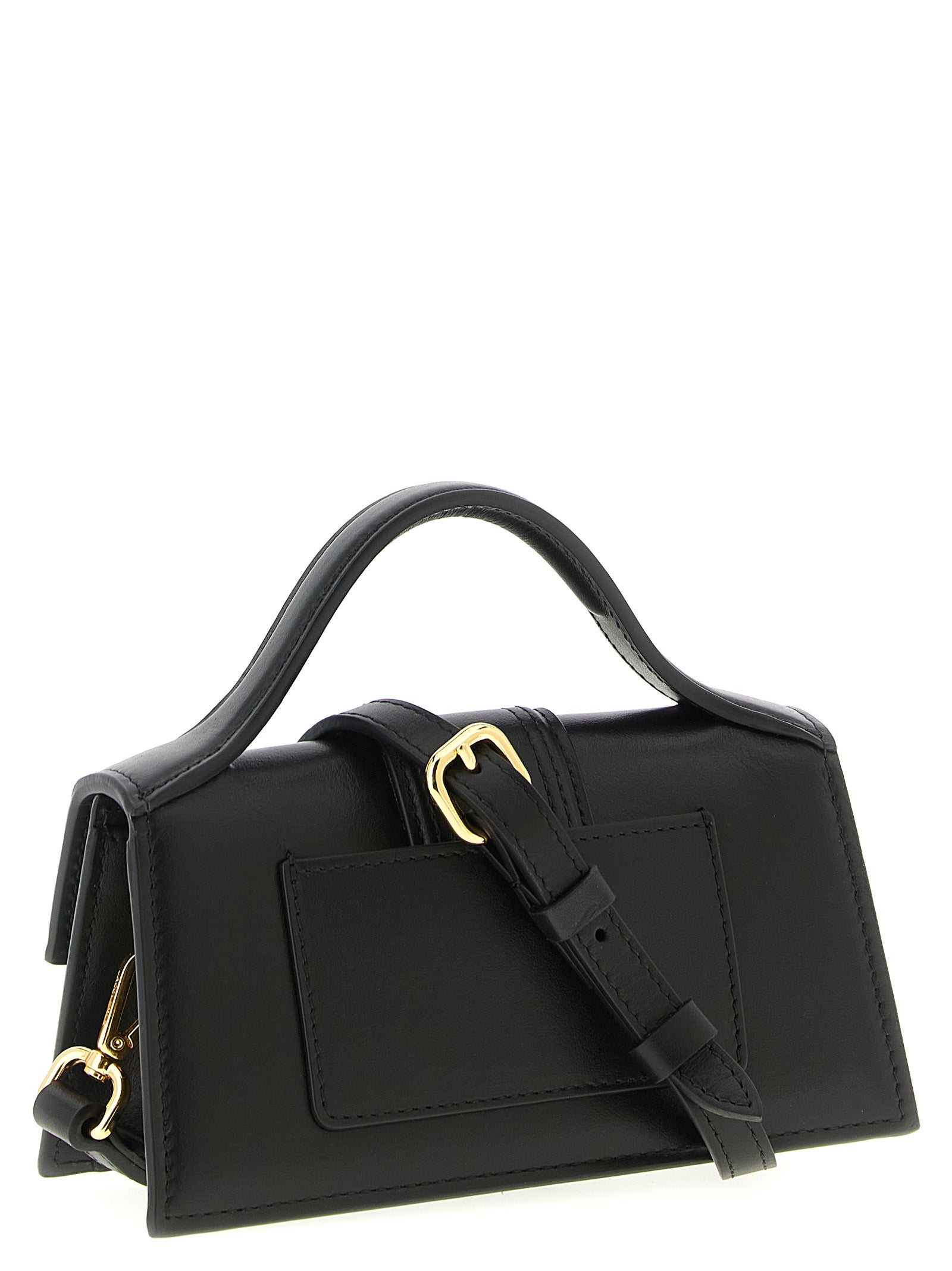Jacquemus black cowhide handbag with sleek design, top handle, and minimalist style displayed in the image.