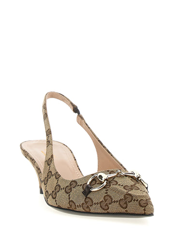 Beige Polyester Mid Heel Pumps