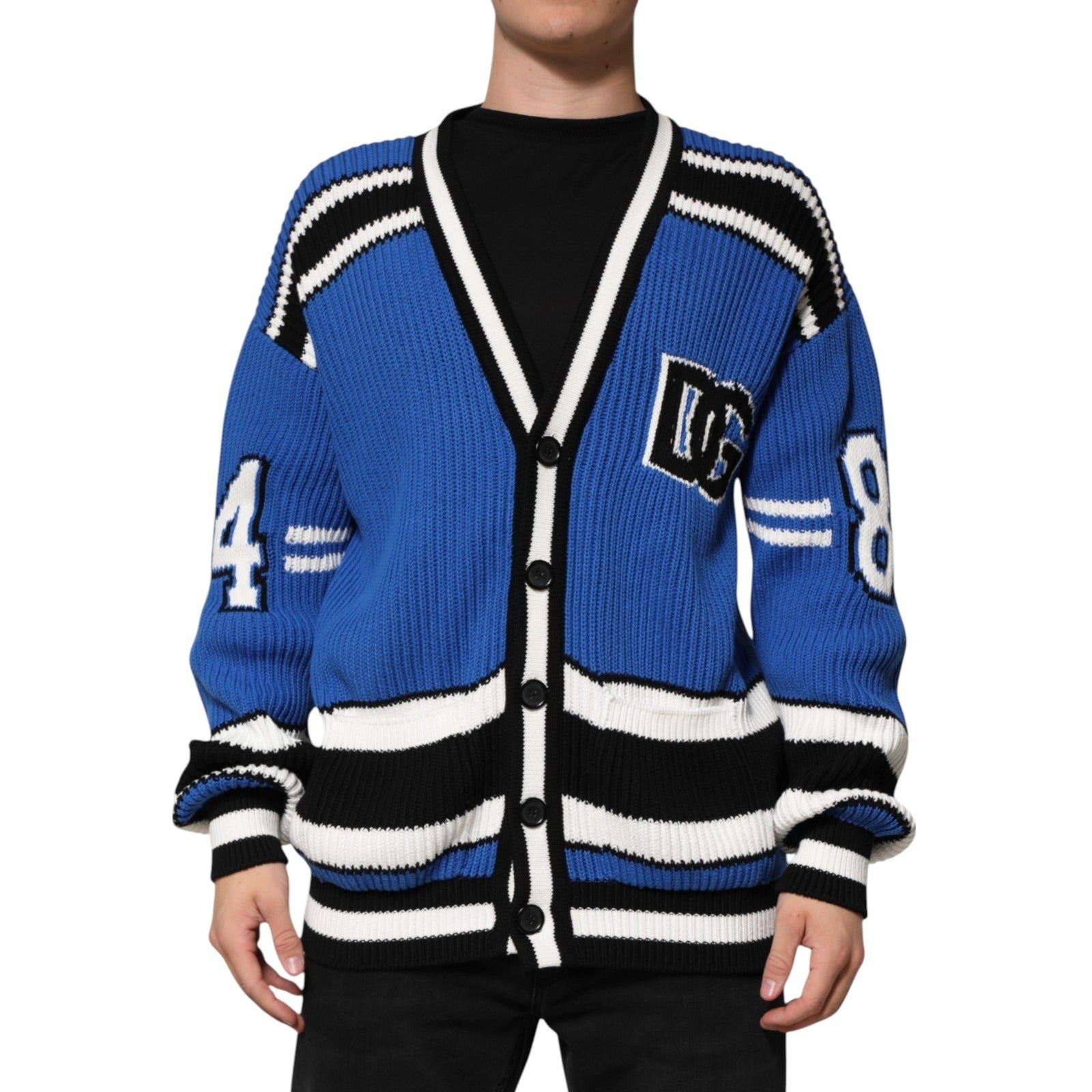 Blue Cotton Logo Patch Ribbed Knit Cardigan Sweater