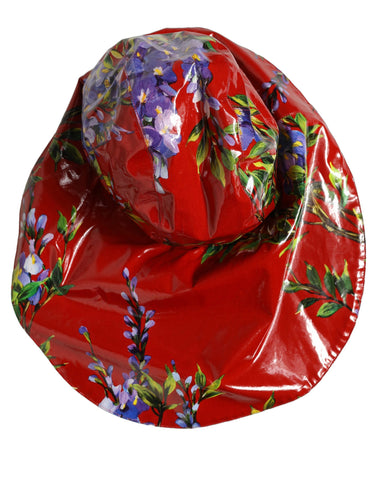 Glossy Red Floral Wide Brim Bucket Capello Hat
