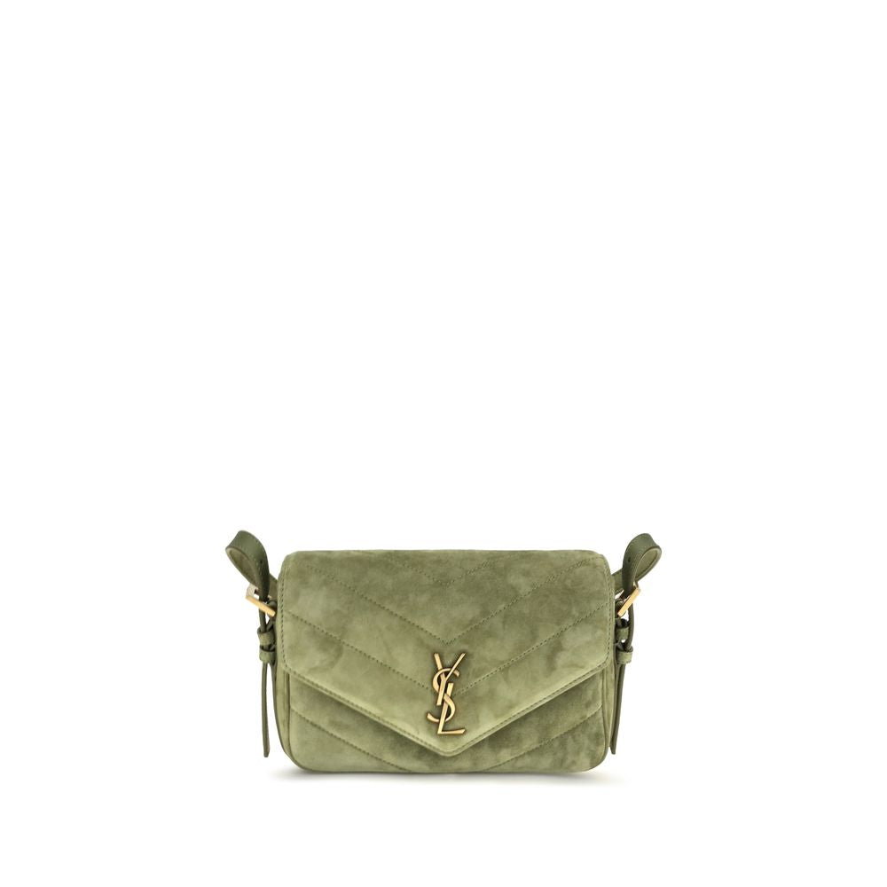 Saint Laurent bicolor suede leather shoulder bag with sleek design and gold-tone hardware, displayed on a neutral background.
