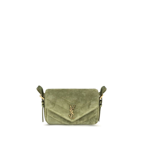 Saint Laurent bicolor suede leather shoulder bag with sleek design and gold-tone hardware, displayed on a neutral background.