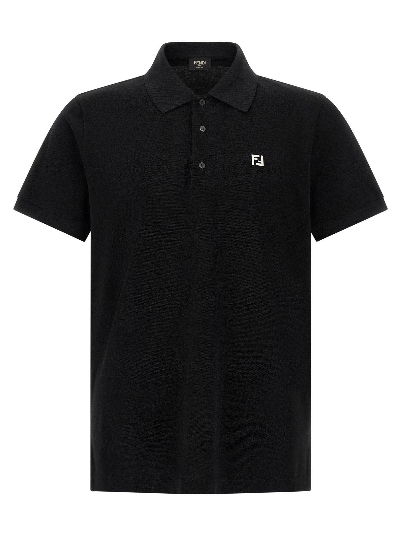 Black cotton polo shirt by Fendi, featuring a classic collar and short sleeves, displayed flat on a white background.