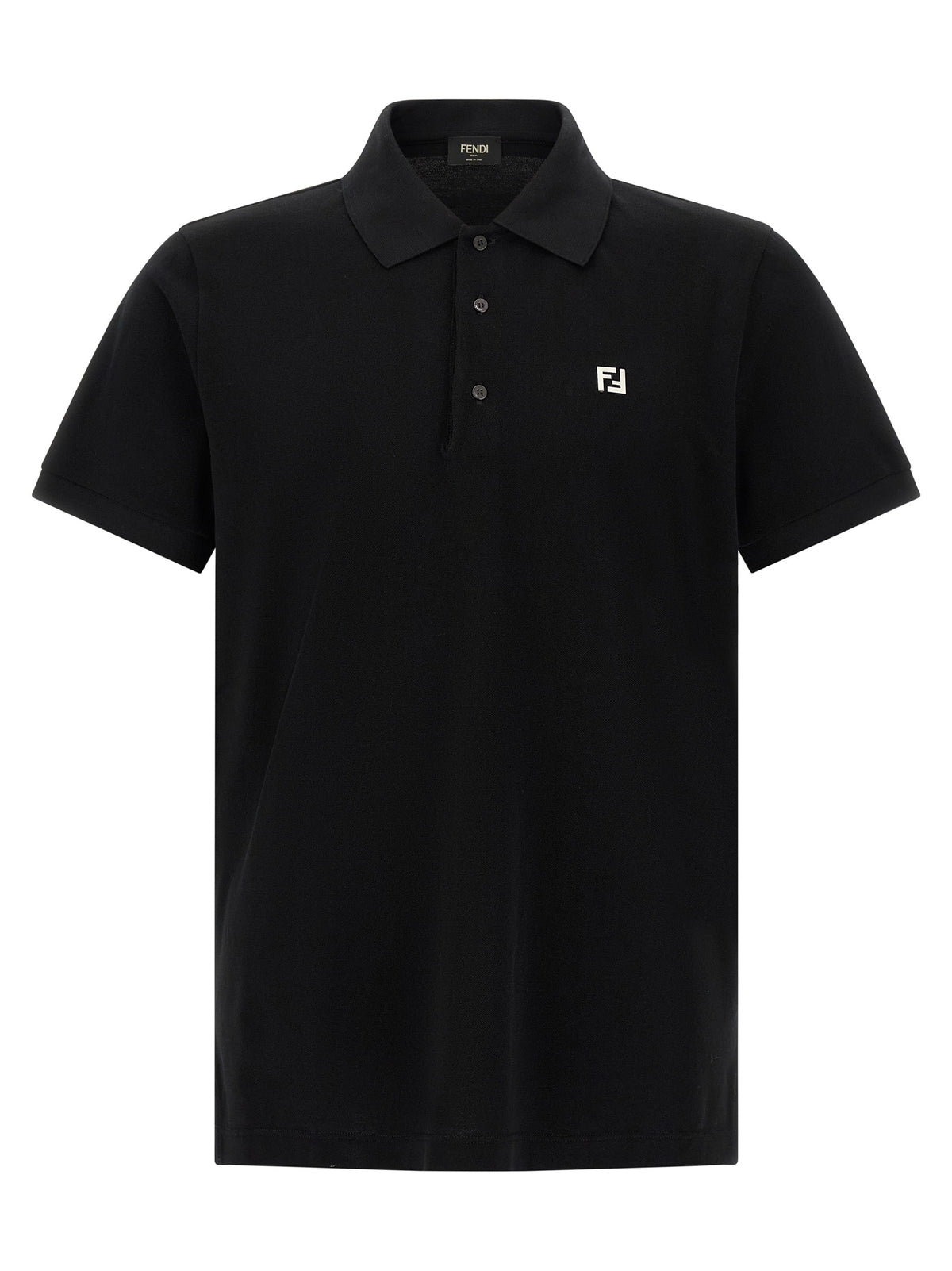 Black cotton polo shirt by Fendi, featuring a classic collar and short sleeves, displayed flat on a white background.