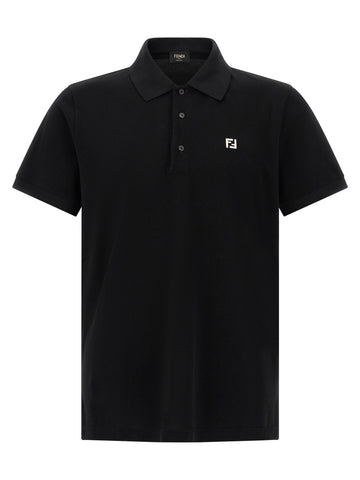Black cotton polo shirt by Fendi, featuring a classic collar and short sleeves, displayed flat on a white background.