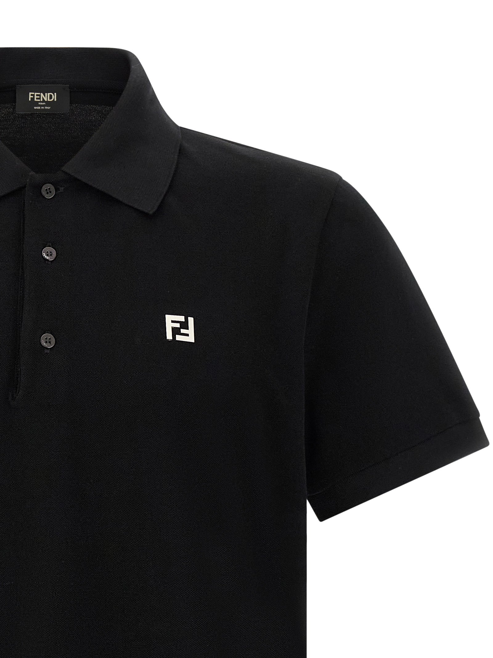 Fendi black cotton polo shirt, close-up showing classic collar and button placket, casual men's clothing.