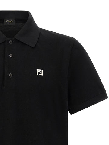 Fendi black cotton polo shirt, close-up showing classic collar and button placket, casual men's clothing.