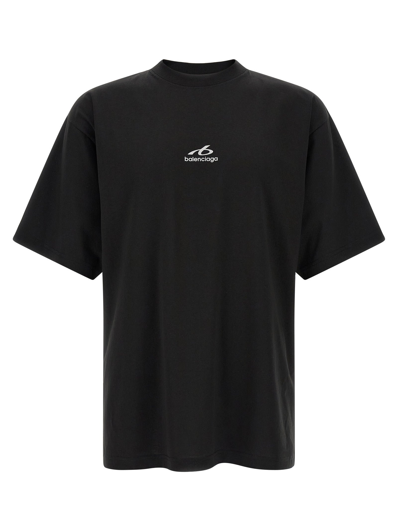 Black cotton T-shirt by Balenciaga displayed on a mannequin, featuring a classic fit and minimal branding.
