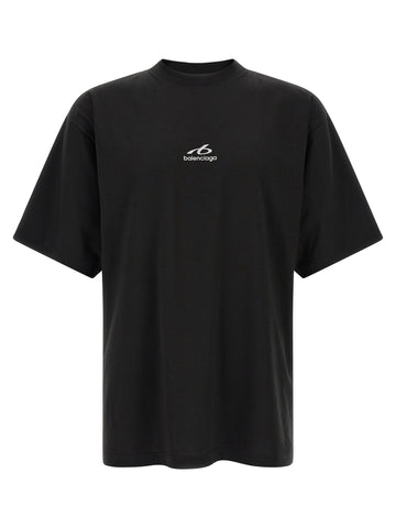 Black cotton T-shirt by Balenciaga displayed on a mannequin, featuring a classic fit and minimal branding.