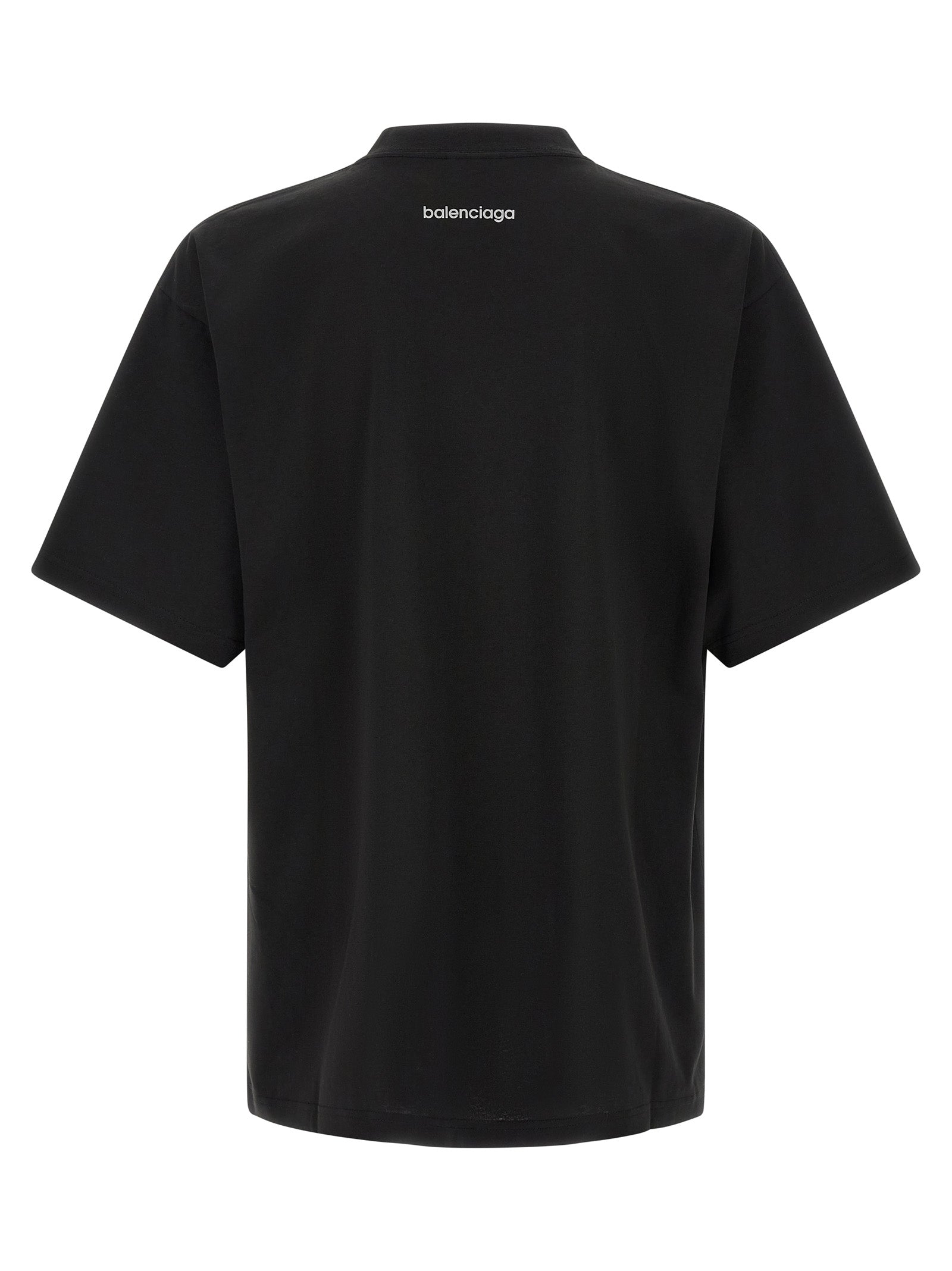 Black cotton T-shirt by Balenciaga, casual fit with short sleeves and a round neckline, shown on a plain background.
