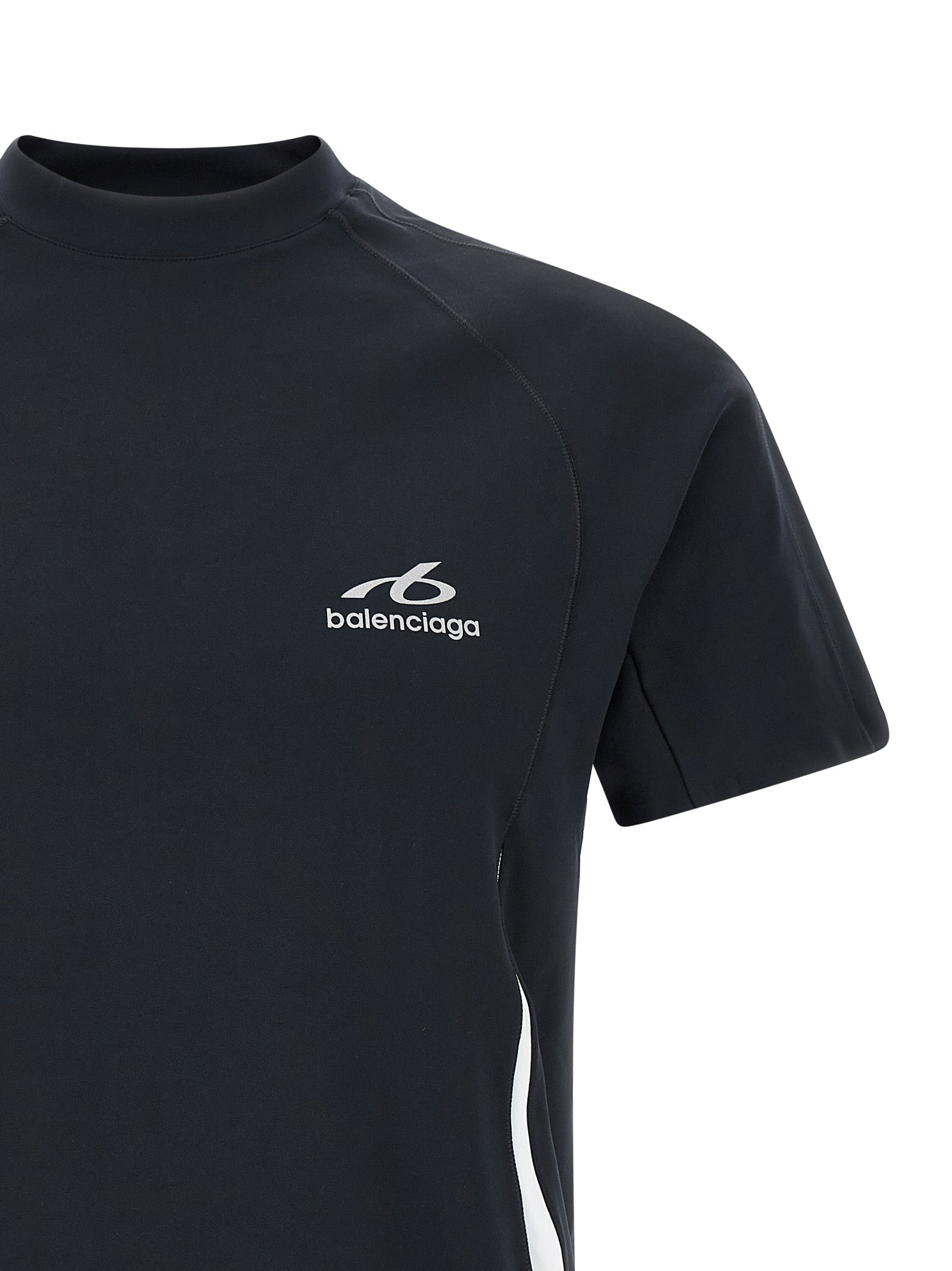 Blue Balenciaga polyamide T-shirt displayed on a hanger with a close-up view of fabric texture and design details.