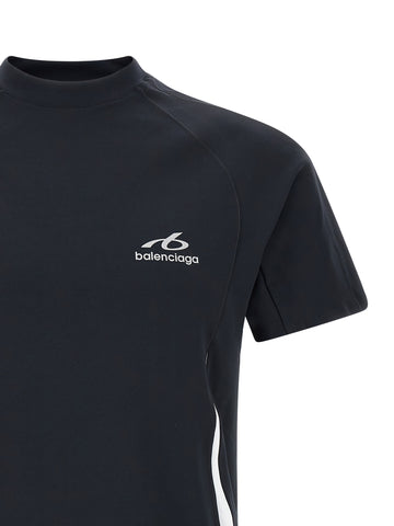 Blue Balenciaga polyamide T-shirt displayed on a hanger with a close-up view of fabric texture and design details.