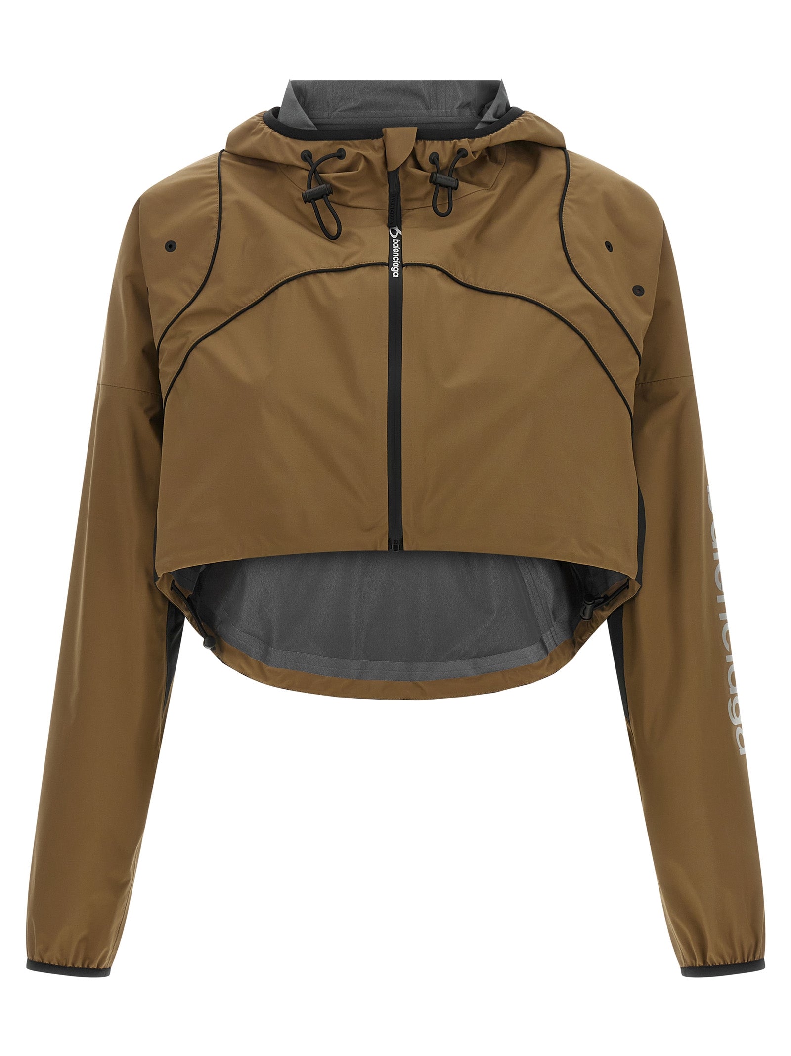Balenciaga brown polyester shell jacket displayed, showcasing its sleek design and lightweight, weather-resistant fabric.