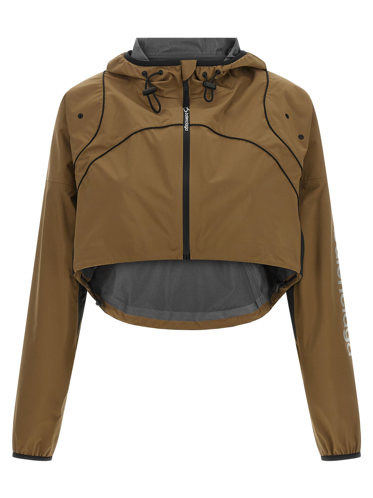Balenciaga brown polyester shell jacket displayed, showcasing its sleek design and lightweight, weather-resistant fabric.