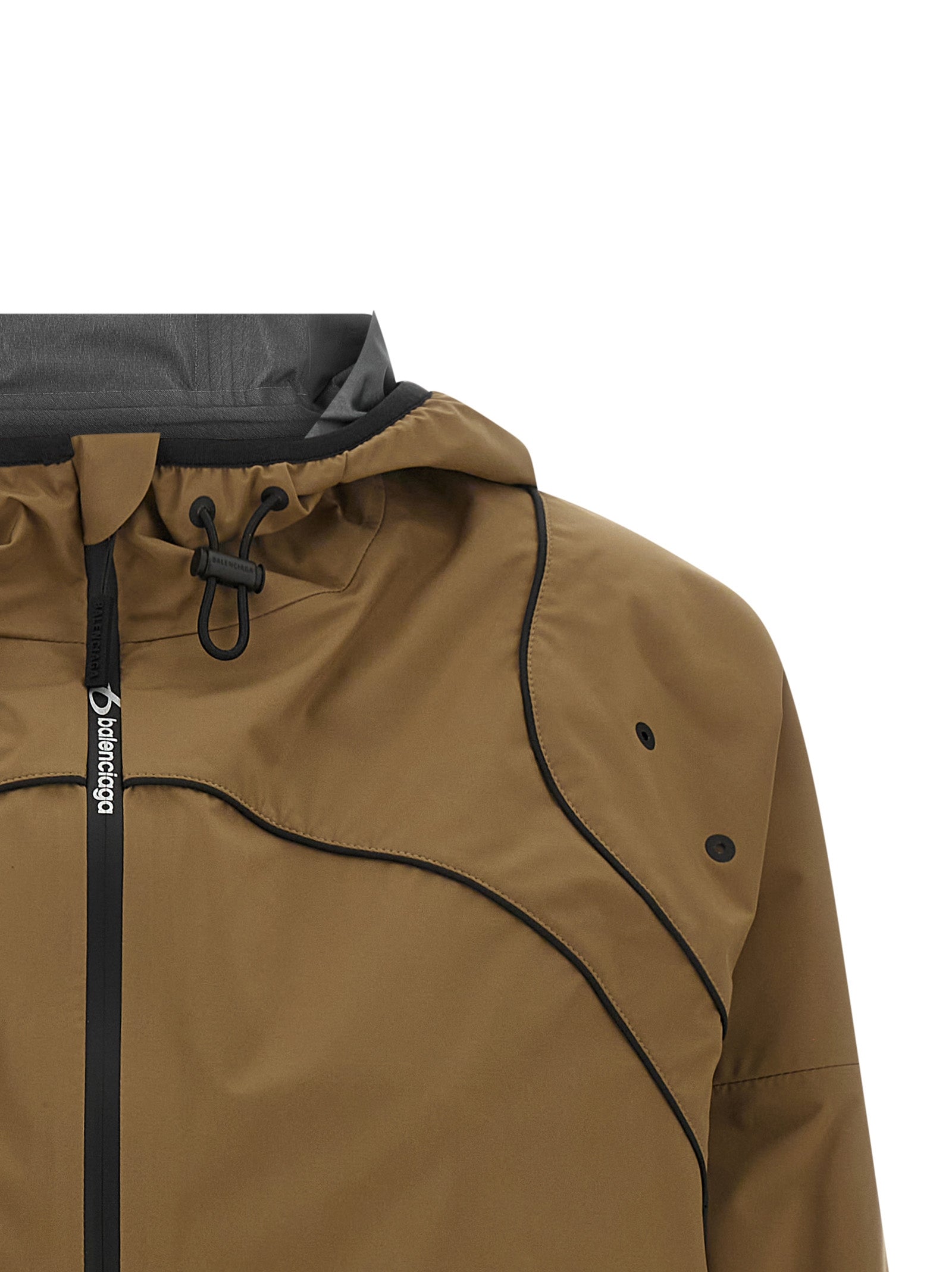 Balenciaga brown polyester shell jacket with a sleek, weather-resistant design and modern silhouette.