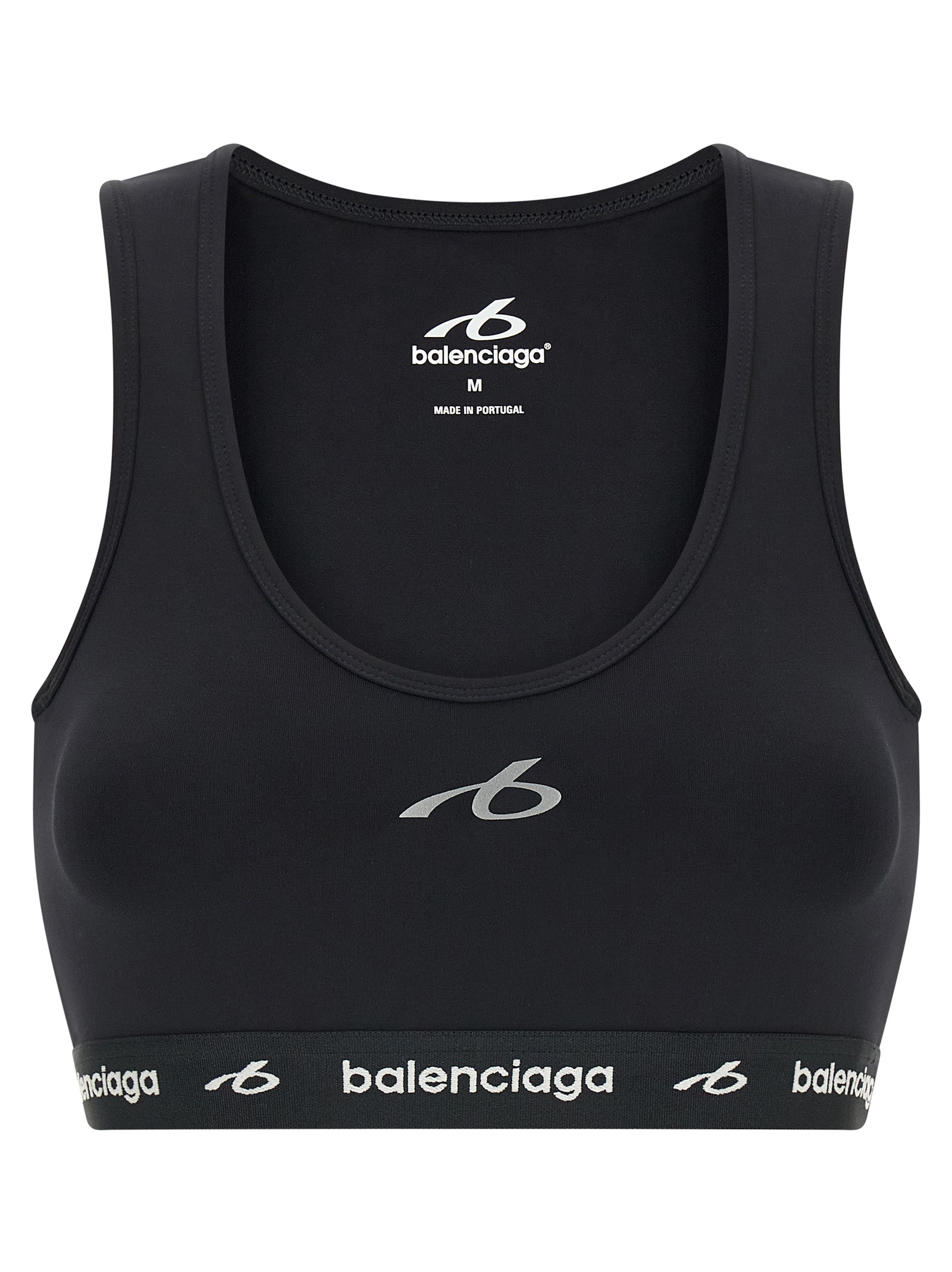 Black polyamide sport bra by Balenciaga featuring a supportive fit and sleek design for activewear.