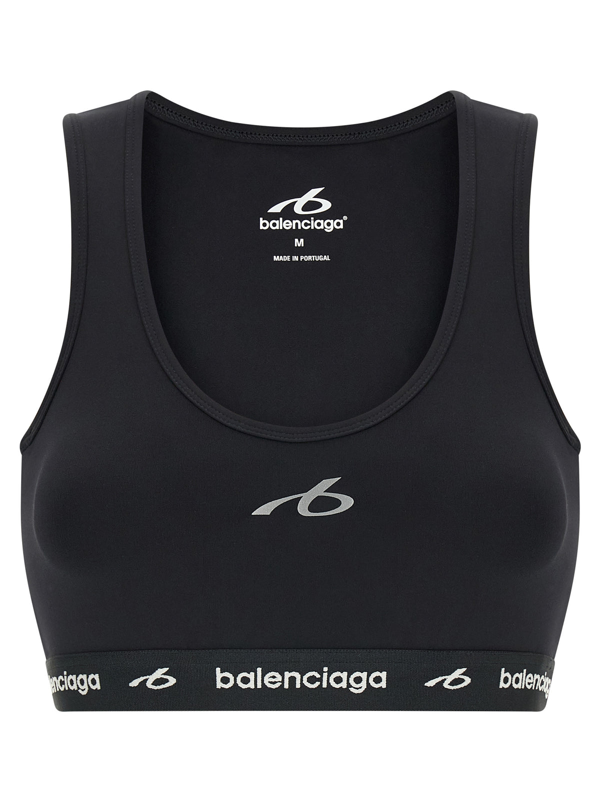 Black polyamide sport bra by Balenciaga featuring a supportive fit and sleek design for activewear.