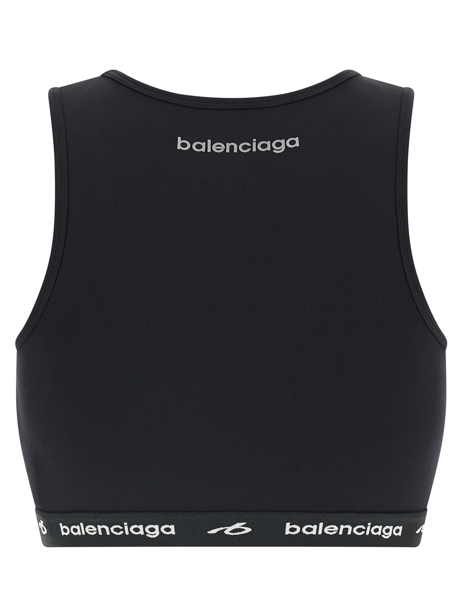 Black polyamide sport bra by Balenciaga featuring a sleek design and supportive fit, suitable for activewear and athletic activities.