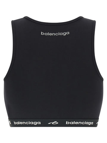 Black polyamide sport bra by Balenciaga featuring a sleek design and supportive fit, suitable for activewear and athletic activities.