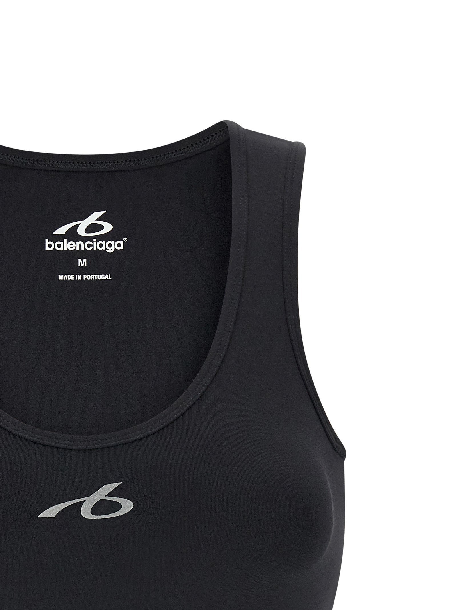Black polyamide sport bra by Balenciaga featuring a supportive fit and sleek design for athletic wear.