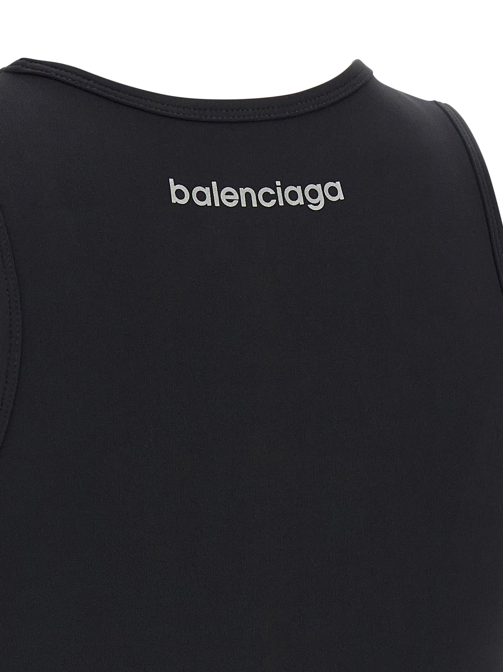 Black polyamide sport bra by Balenciaga featuring a sleek, fitted design and supportive straps for activewear.