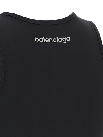 Black polyamide sport bra by Balenciaga featuring a sleek, fitted design and supportive straps for activewear.
