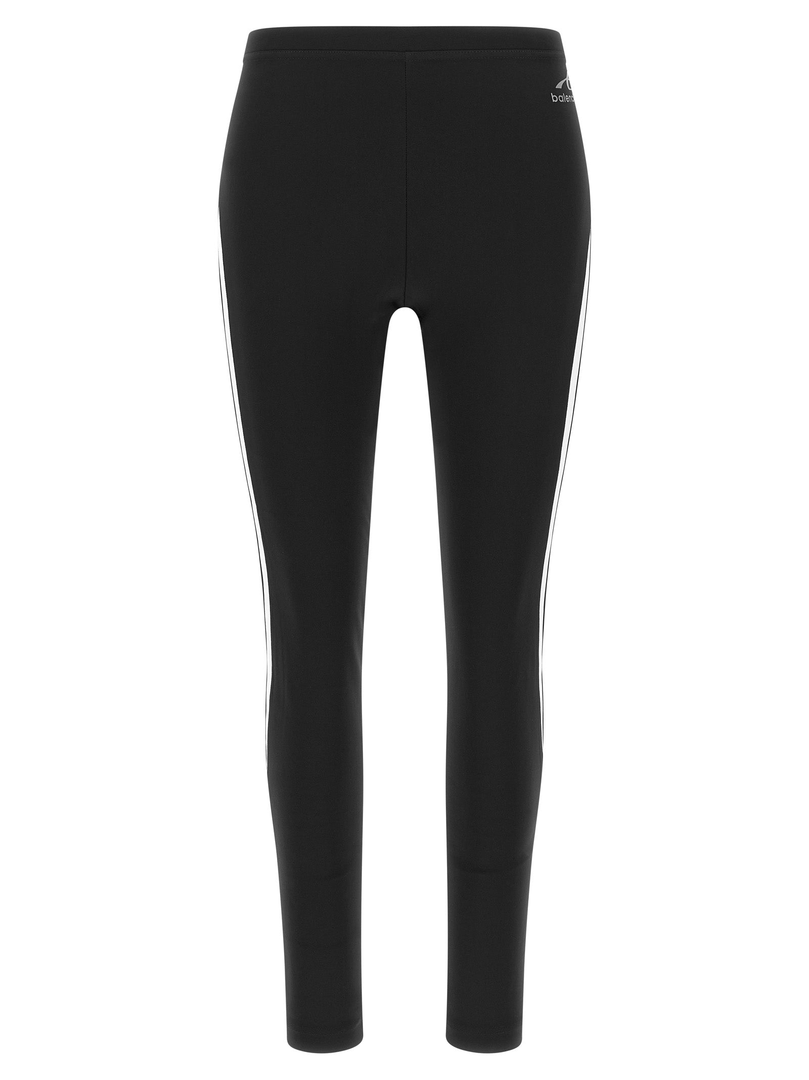 Black polyamide leggings by Balenciaga, close-up of fitted high-waisted design with smooth fabric and subtle branding.