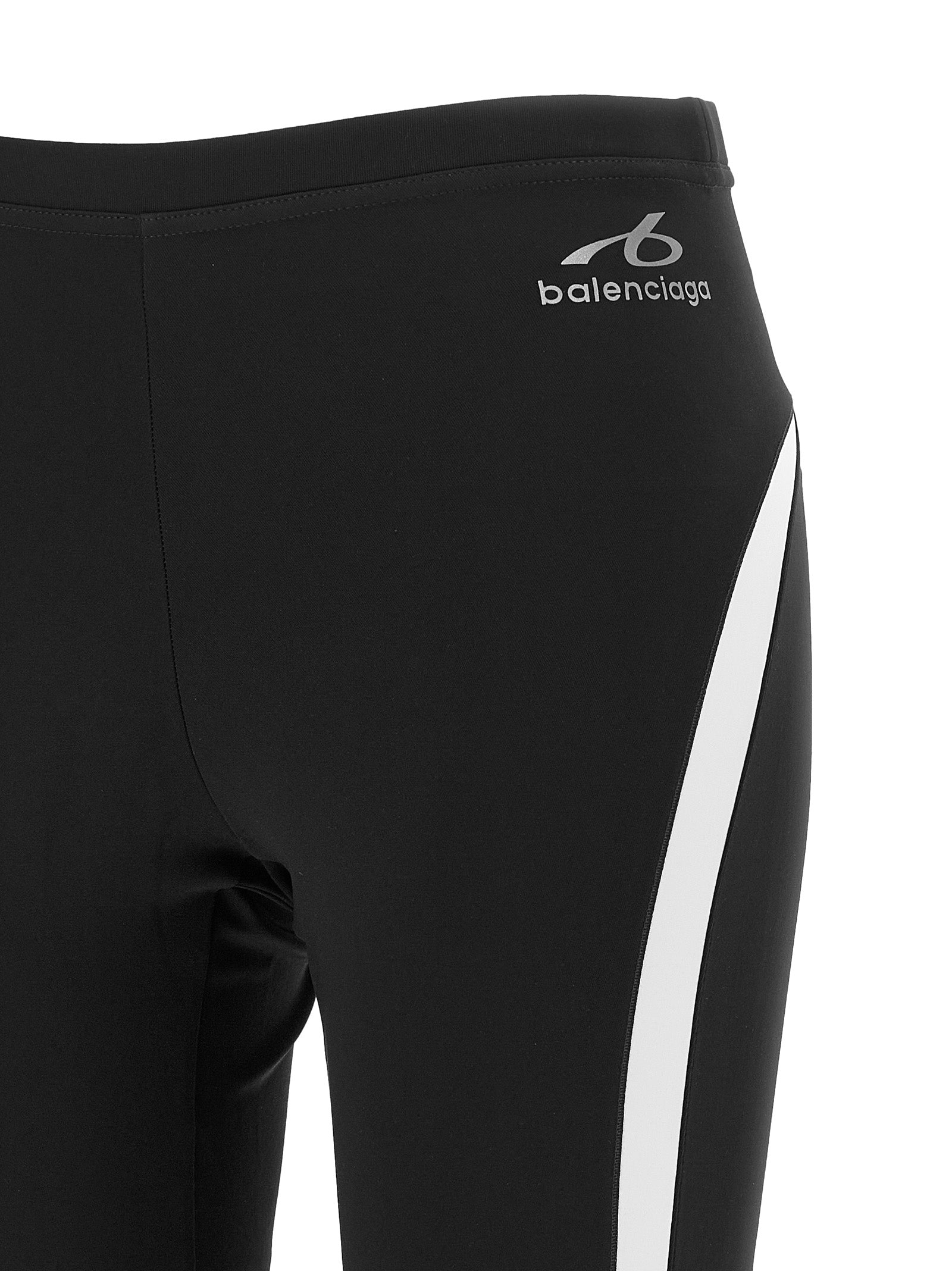 Black polyamide leggings by Balenciaga, close-up of fitted design with smooth texture and sleek finish.