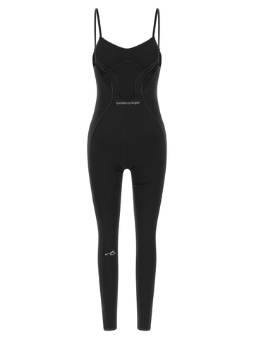 Black Balenciaga polyamide jumpsuit with long sleeves and a fitted silhouette, displayed on a mannequin.