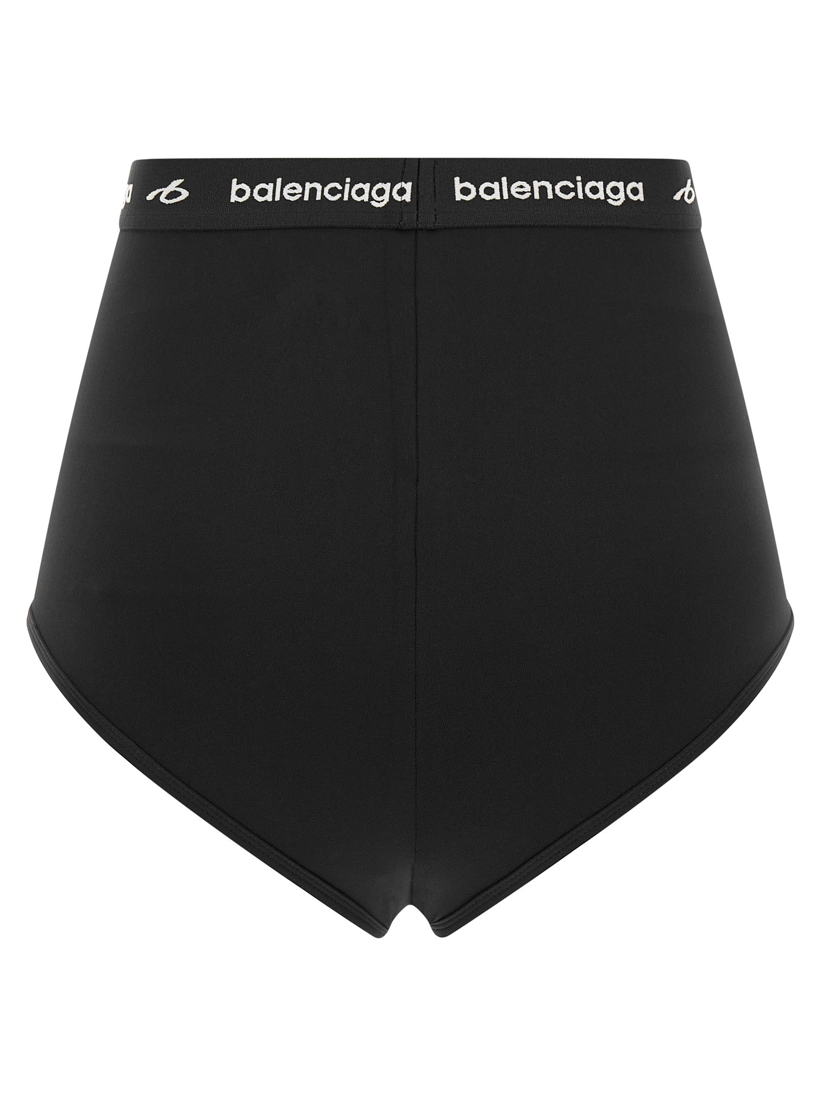 Black polyamide briefs by Balenciaga, featuring a sleek fit and minimal design, shown on a model.