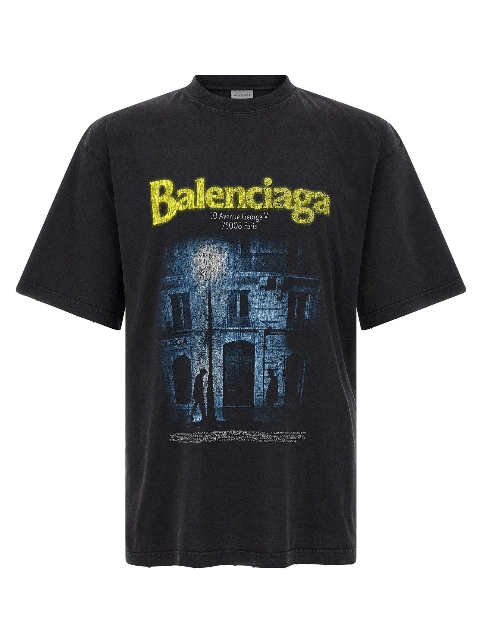 Black cotton T-shirt by Balenciaga, featuring a classic crew neck and minimalist design, displayed flat on a white background.