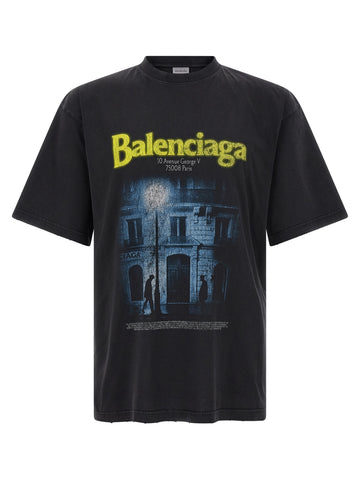 Black cotton T-shirt by Balenciaga, featuring a classic crew neck and minimalist design, displayed flat on a white background.