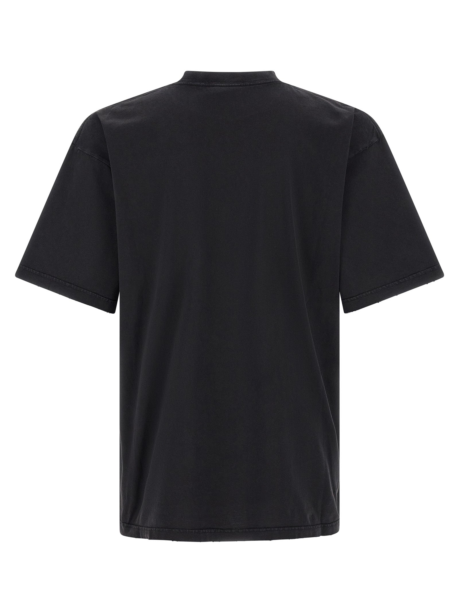 Black cotton T-shirt by Balenciaga displayed on a hanger with a plain background.