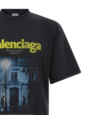 Black cotton T-shirt by Balenciaga displayed flat, featuring a simple crew neck and short sleeves on a white background.